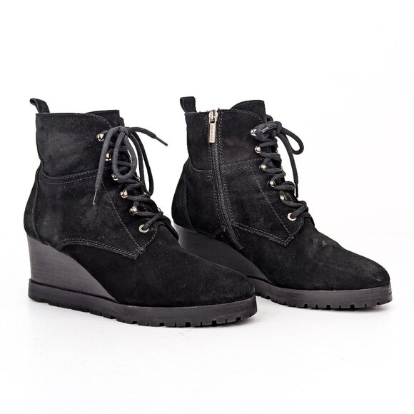 Aquatalia Women Black Suede Lace-up Zip Wedge Ankle Boots sz 9 - Picture 1 of 6